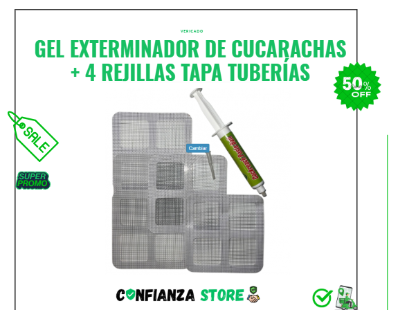 GEL EXTERMINADOR DE CUCARACHAS + 4 REJILLAS TAPA TUBERÍAS 30% OFF