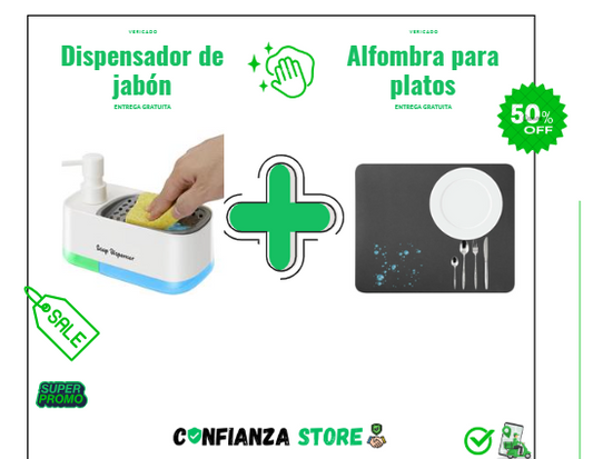 Dispensador de jabón 2 en 1 + Alfombra para utensilios 30% OFF